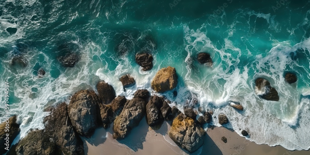 Poster a beautiful picture of a rocky beach with a cliff from above.aerial view. panoramic shot. generative