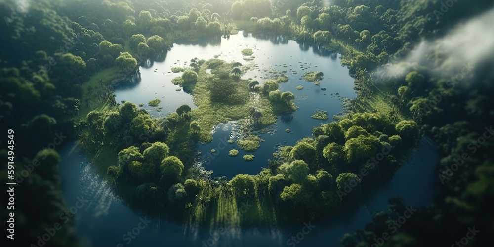 Poster View of the island in the middle of the sea with clear blue water and green palm trees.Aerial view. Panoramic shot. Generative AI