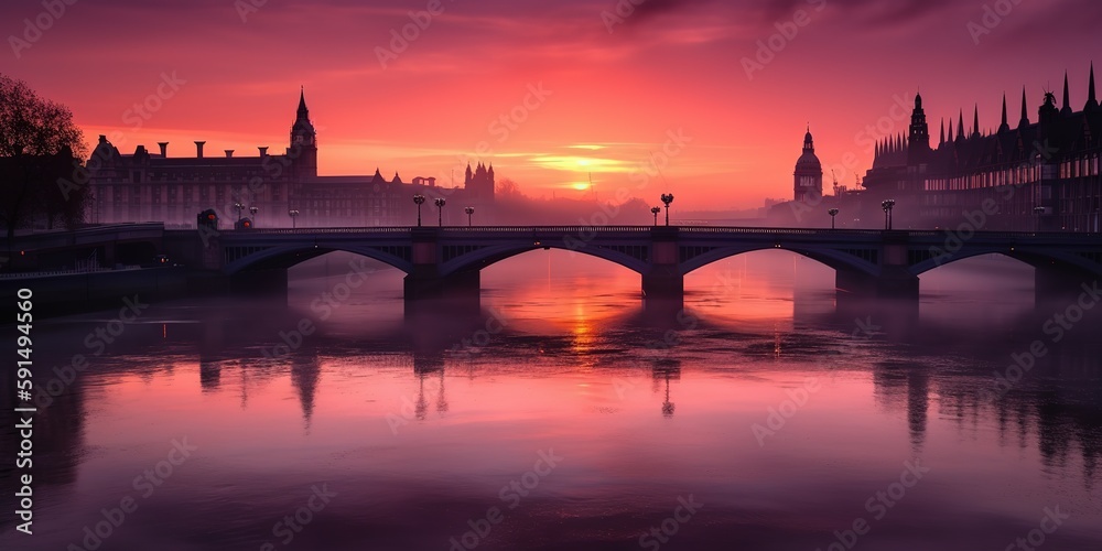 Poster Beautiful view of the bridge with the city at sunset.Aerial view. Panoramic shot. Generative AI