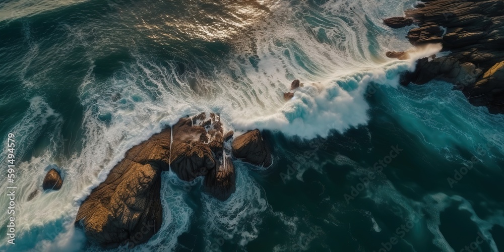 Poster a beautiful picture of a rocky beach with a cliff from above.aerial view. panoramic shot. generative