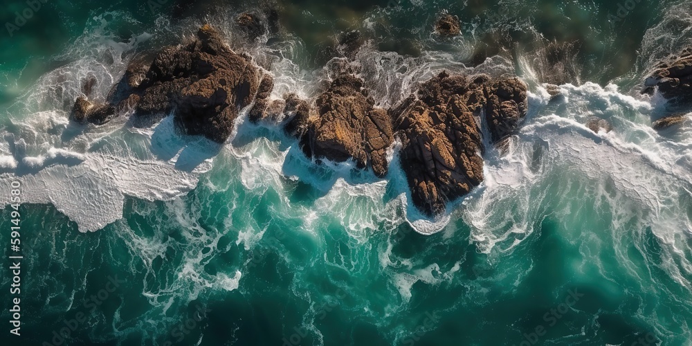 Aufkleber a beautiful picture of a rocky beach with a cliff from above.aerial view. panoramic shot. generative