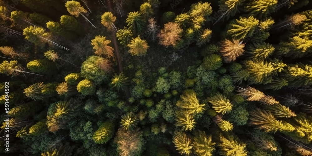 Poster beautiful bird's-eye view of the rainforest.aerial view. panoramic shot. generative ai