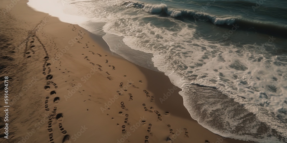 Aufkleber top view of a beautiful tropical beach with sea waves.aerial view. panoramic shot. generative ai