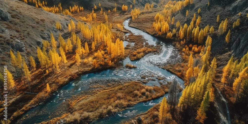 Poster View from the height of the forest and the river in the middle of the forest.Aerial view. Panoramic shot. Generative AI