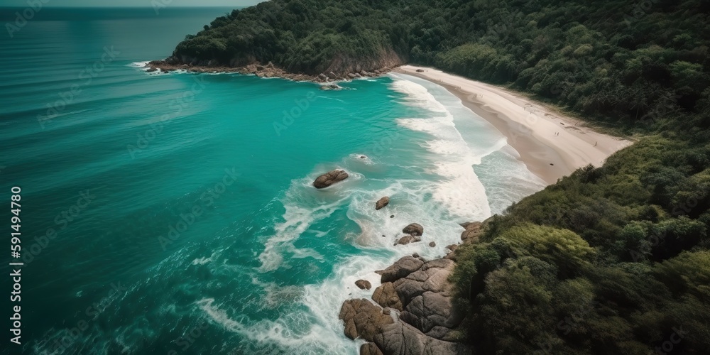 Poster top view of a beautiful tropical beach with sea waves.aerial view. panoramic shot. generative ai