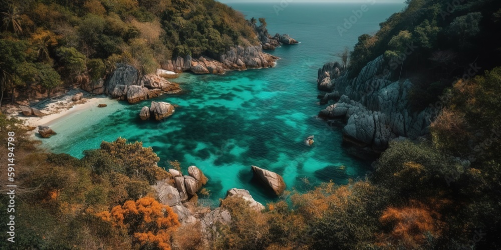 Poster a beautiful picture of a rocky beach with a cliff from above.aerial view. panoramic shot. generative