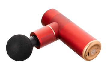 Modern massage gun for therapeutic muscle relaxation. percussion massager on a white background with a nozzle. The concept of sports recovery after training.