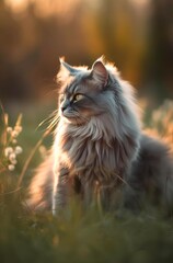 Naklejka na ściany i meble Fluffy gray cat sits on the grass outdoor. Generative AI.