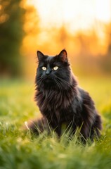 Naklejka na ściany i meble Fluffy black cat sits on the grass outdoor. Generative AI.