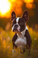 Cute small Boston Terrier is walking outdoor in summer. Generative AI.