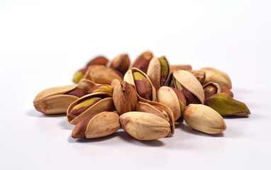 Pistaches avec coquilles sur un fond blanc