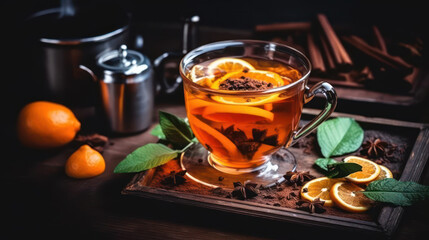 Tasse de th&eacute; &agrave; l'orange et cannelle et menthe