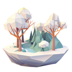 3d cute icon Winter tree cartoon isometric christmas illustration on floating island low poly style isolated Transparent background png. Generative ai