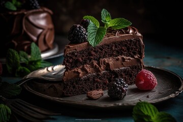 Tasty homemade dark chocolate cake with dark background. Generative AI