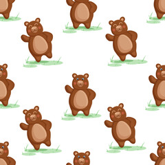 Seamless vector pattern with forest brown bear, on the grass. Vector illustration for fabric, texture, wallpaper, poster, postcard. Editable elements. Cartoon design.