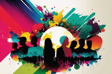 International Youth Day Celebration, Friendly team, cooperation, friendship, Card with colorful crowd people illustration generative ai