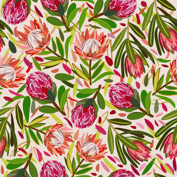 Vector seamless floral pattern with bright protea flowers and leaves on beige background.
