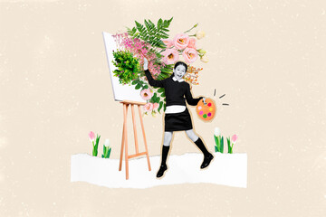 Creative collage portrait of black white colors positive girl drawing fresh spring flowers isolated...