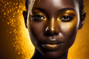 Golden make up on beautiful woman face created with ai generative tools