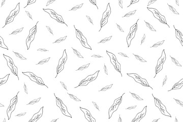 Fototapeta premium Black and white Seamless pattern with Tree leaves. Wallpaper with Doodle Leaf. Endless ornament with Hand Drawn leaves. Wrapping paper with plant. Bed linen and textile print. Vector illustration.