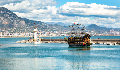 Alanya sea port. Alanya Harbour, Alanya, Antalya Province, Turkey. Popular tourist Turkish city located on the Mediterranean Sea.