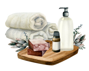 Watercolor relaxation set of rolled towels, essential oil bottle, shower gel dispenser, maroon soap bars decorated with eucalyptus branchers and succulets isolated on white. Bathroom accessories