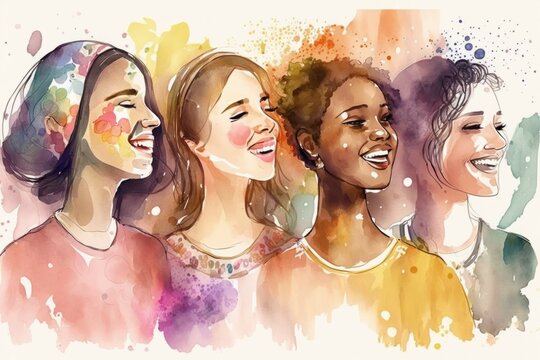 International Women's Day on March 8 Illustration. Happy group of women on International Women's Day, watercolor. Generative AI