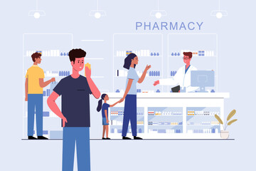 pharmacy with pharmacist and client in counter. drugstore cartoon character design vector illustration