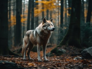A lone wolf standing strong and fearless in a forest clearing
