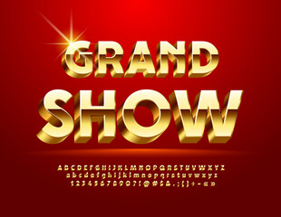 Vector creative sign Grand Show. Chic Golden 3D Font. Artistic Alphabet Letters, Numbers and Symbols