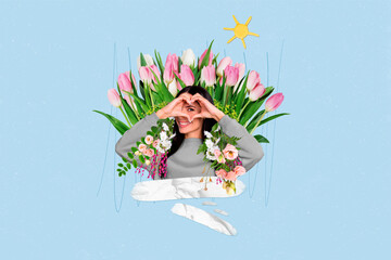 Composite collage picture of mini positive girl hands showing heart gesture eye watch big fresh tulip flowers sun isolated on blue background