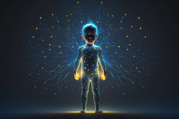 child, children's brain. glowing blue lines. neural connections. artificial intelligence. AI Generative