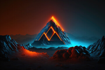 Creative fluorescent, neon color layout. futuristic triangle in the mountains. nature concept. ai generative
