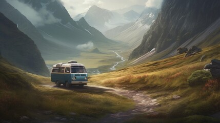 Camper van on the mountain roads, camping - obrazy, fototapety, plakaty