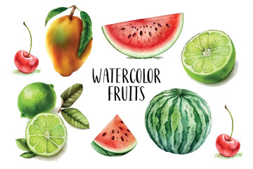 Watercolor painted collection of fruits. Hand drawn fresh food design elements isolated on white background.