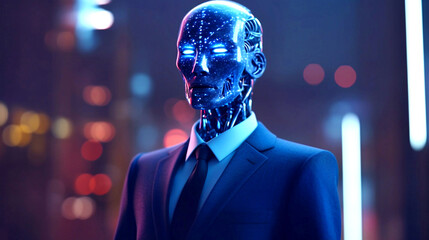  A human-like AI robot with blue eyes, generative ai 