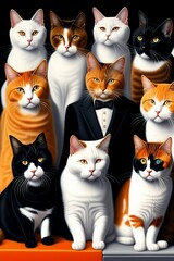 10 cats in a group photo, in barocco style clothes. 1st cat is white, 2nd is tortoise british, two white cats with orange spots on their heads, 1 black no eyes cat, 1 calico no eyes cat, grey-white on