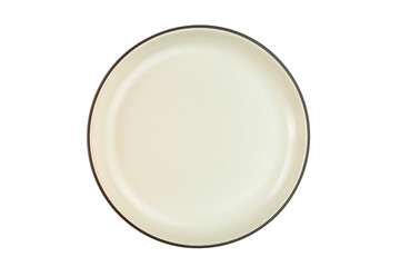 Empty brown ceramic dish. Top view of ceramic plate with dark edge isolated on white background with clipping path.