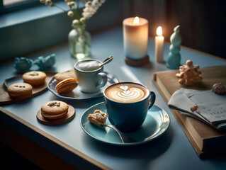 Relaxation Time: Blue Themed Coffee Table Scene with Freshly Brewed Coffee and Tempting Treats