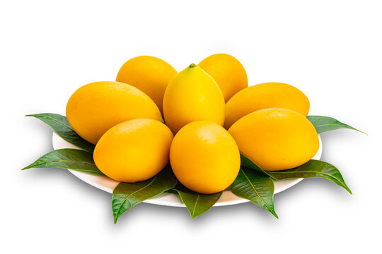 Ripe sweet yellow marian plum or Bouea macrophylla griffith or maprang or mayongchid with green leaves decorated in white ceramic dish isolated on white background with clipping path.