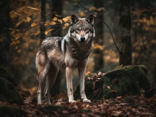 Obraz premium A lone wolf standing strong and fearless in a forest clearing