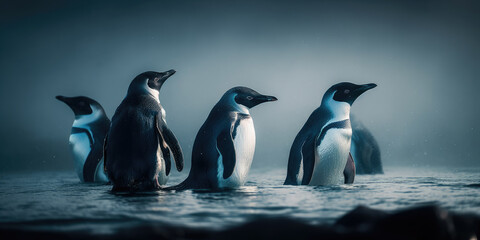 A Group of Penguins Standing in The Water Together in The Dark Water, With A Foggy Background and A Black and White Photo of The Penguins Climate Changes Generative AI