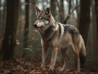 Naklejka na ściany i meble A lone wolf standing strong and fearless in a forest clearing