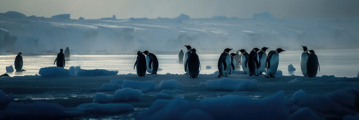 A Group of Penguins Standing on Top of A Snow Covered Field Next To A Body of Water With Ice Floes in The Background and A Mountain  Climate Changes Generative AI