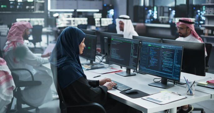 Group of Multicultural Middle Eastern Men and Women Working in Research Center, Collaborating on an Online Project, Using Computers to Write Software Code, Develop Artificial Intelligence Service
