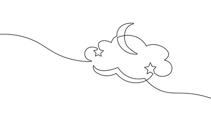 One continuous line moon and stars symbol. One line doodle kids textile decoration night dream background. Vector illustration