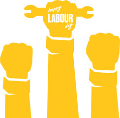 Vector silhouette of clenched fist holding wrench isolated on white background. Labour day and international workers day poster, label, greeting card with hand. 1 may logo design template
