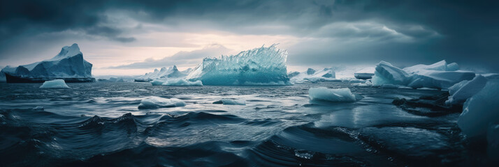 A Large Iceberg Floating in The Ocean Under A Cloudy Sky With A Boat in The Water Below It and A Few Small Icebergs in The Water and A Few Feet Below It'S Edge, Climate Changes Generative AI