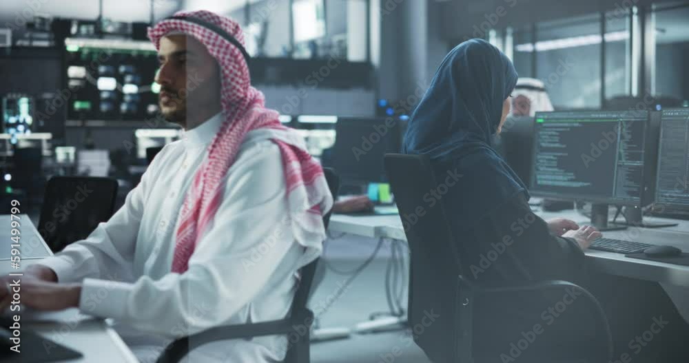 Poster Diverse Young Muslim Colleagues Working on Computers in a Research Laboratory. Middle Eastern Men and Women Working on a Solution for Their Collaborative Industrial Tech Project