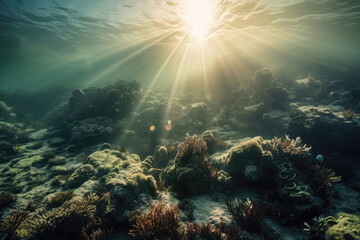 Fototapeta na wymiar The Sun Shines Brightly Over A Coral Reef With Soft Corals and Algaes on It, and The Ocean Floor Is Covered in Algae and Algaes, Climate Changes Generative AI